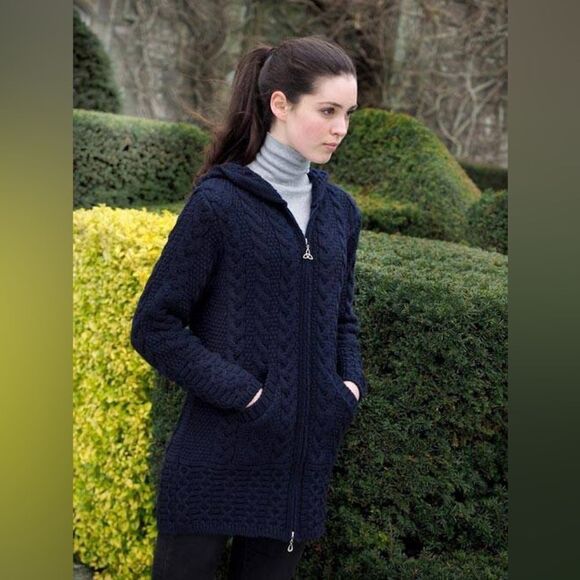 Aran Crafts 100% Merino Wool HOODED COAT WITH CELTIC KNOT ZIPPER blue size XXL - Picture 6 of 7